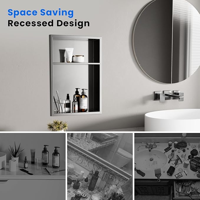 POPFLY 12"x18" 2-Tier Shower Niche Organizer, Stainless Steel Recessed Wall Shelf Inserts - No Tile Needed Double Shelves Bathroom Storage No Drill, Brushed Nickel