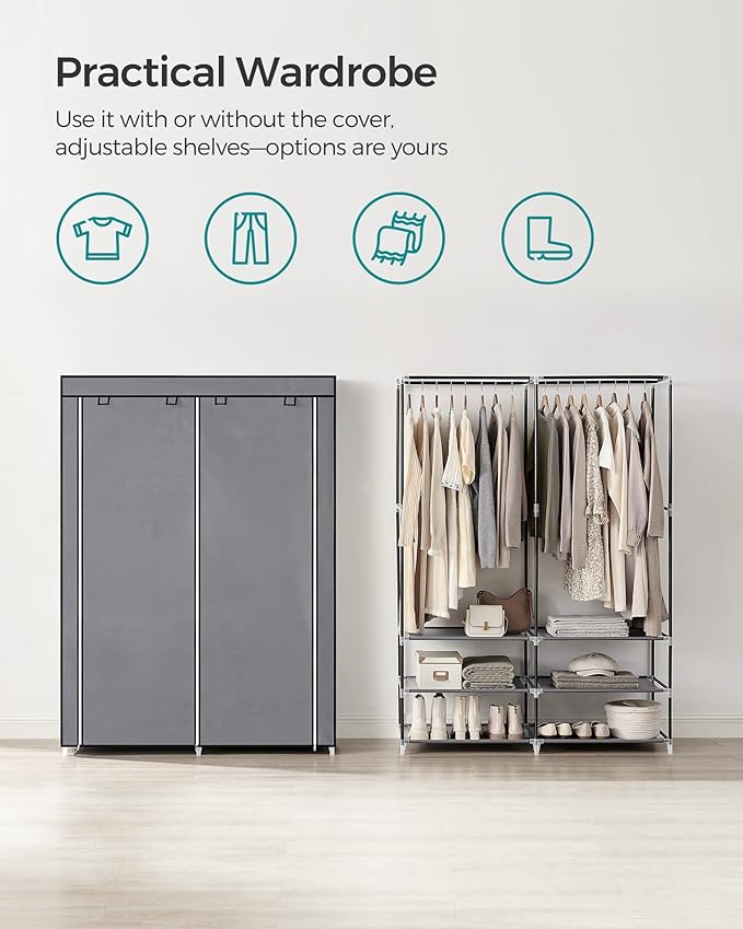 SONGMICS Portable Closet Wardrobe with Shoe Rack and Cover, Closet Storage Organizer, 2 Hanging Rods, Shelves, and 4 Side Pockets, 50 x 17.7 x 69.3 Inches, Spacious for Bedroom, Gray URYG008G02