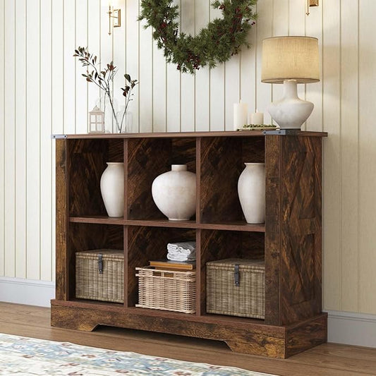 6 Cube Storage Organizer, 2 Tier Bookshelf for Living Room, Farmhouse Bookcase with Led, Kids Toy Storage Cabinet, Wall Cubby Shelves for Home Decor, Wood Display Cabinet for Bedroom, Brown