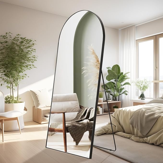 Arched Full Body Mirror, 55''x 18'' With Black Aluminum Alloy Frame, Floor Not Fragile Tempered Glass Leaning Against Wall for Living Room, Women Dressing Clothes