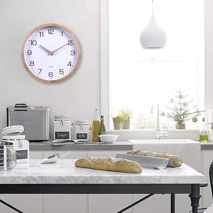 Kesin 12 Inches Wooden Round Silent Wall Clock White Wood Wall Clocks Analog Digital Battery Operated Non Ticking for Living Room Kitchen Bedroom Office Vintage Home Decor