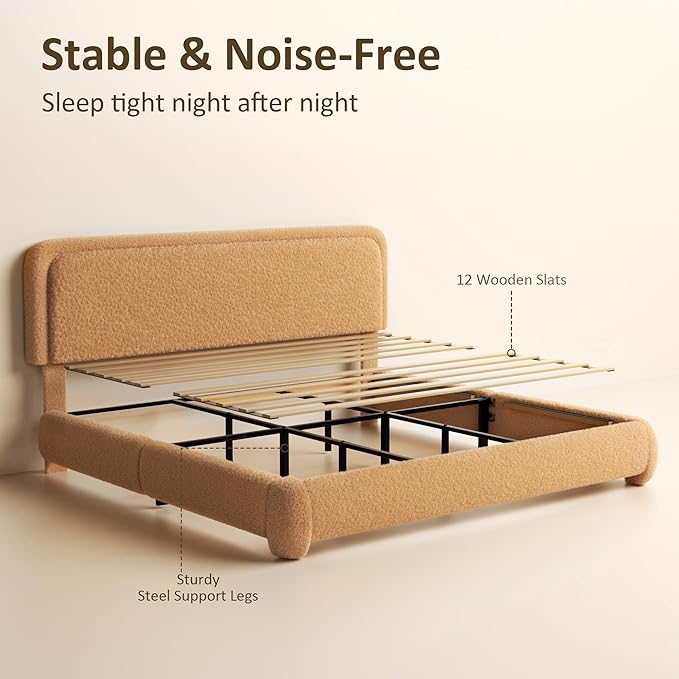 King Bed Frame, Teddy Velvet Boucle Bed Frame with 43.3"/45.3" Adjustable Upholstered Headboard, Rounded Corners, Mattress Foundation, No Box Spring Required, Brown
