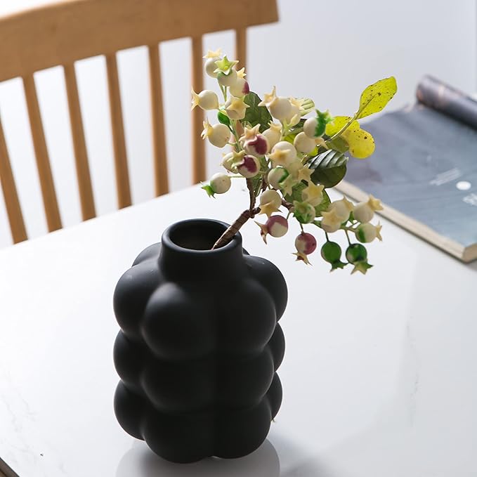 Black Ceramic Vase - Small Spherical Flower Vase for Centerpiece, Three Floors Design for Modern Home Decor, Boho Decorative Vase - 6.7" Tall