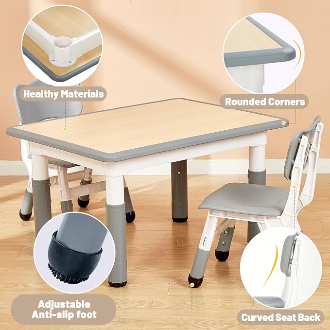 FUNLIO Kids Table and 2 Chairs Set for Ages 3-8, Height Adjustable Toddler Table and Chair Set, Easy to Wipe Arts & Crafts Table, for Classrooms/Daycares/Homes, CPC & CE Approved (3pcs Set) - Gray