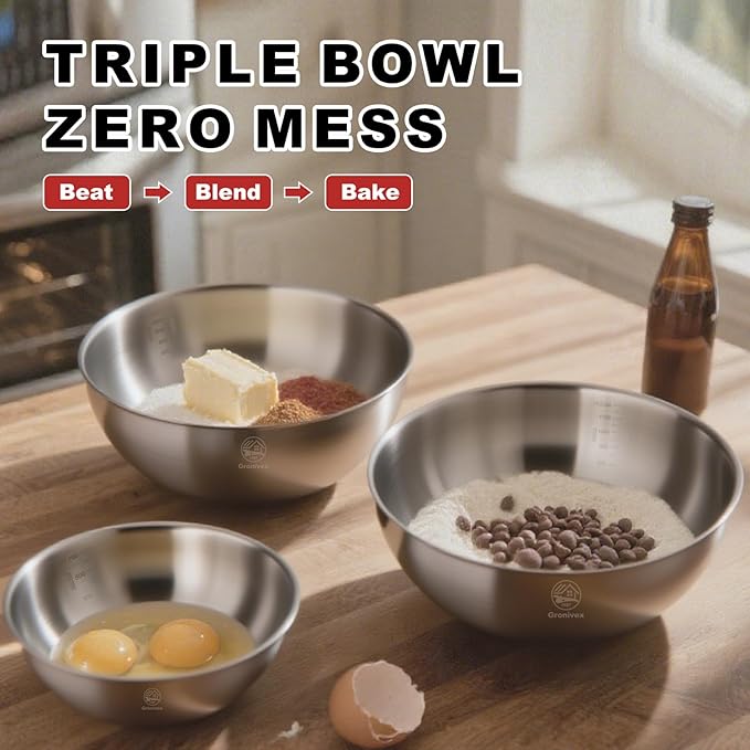 3-Piece Stainless Steel Mixing Bowls Set (6.69" 7.48" 8.27" inch) - Food Grade 304 with Measurement Marks, Dishwasher Safe & Stackable - Perfect for Baking, Salad Making, Meal Prep and Kitchen Use