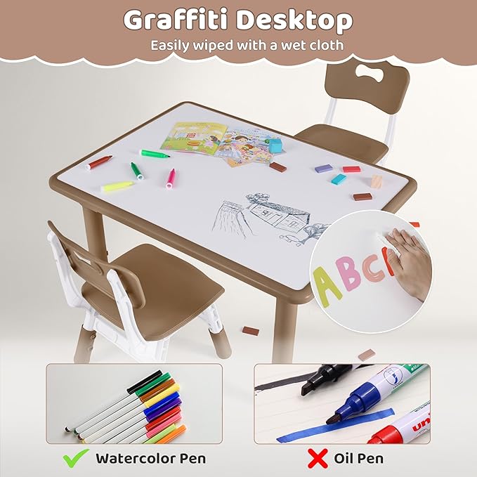Kids Table and 4 Chairs Set, Height Adjustable (17.7"-26.1") Toddler Table and Chair Set, Multi-Activity Table with Graffiti Desktop, Children’s Table and Chairs for Classroom, Home & Daycare