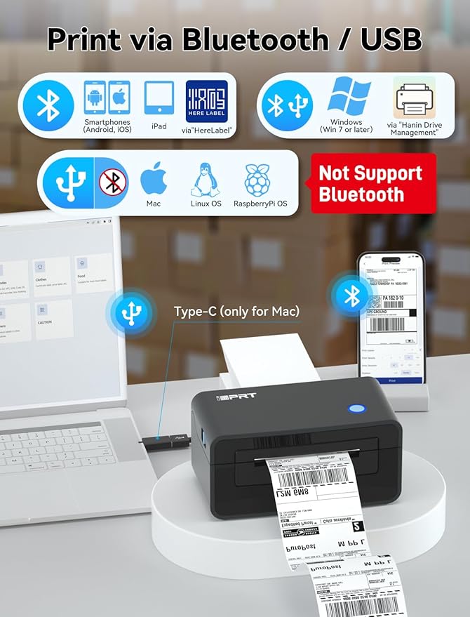 iDPRT Bluetooth Thermal Shipping Label Printer for Phone, 4x6, Supports Windows/Mac/iOS/Android, Ideal for Small Business and Shipping Packages