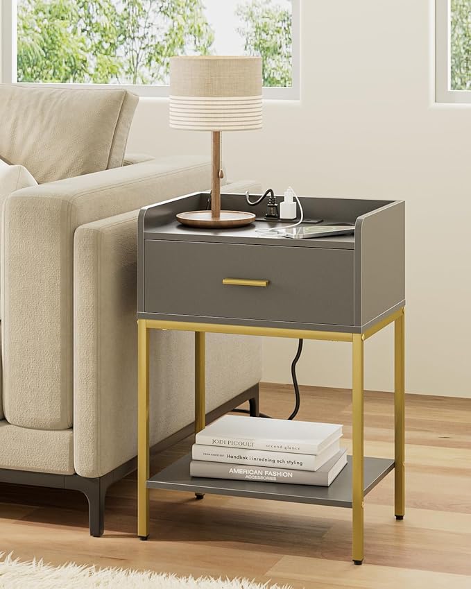Nightstand with Charging Station,3-Tier Bedside Table for Small Space,Modern Night Stand with Storage Drawer and Shelf,Small Side Table for Bedroom,Living Room,Gray
