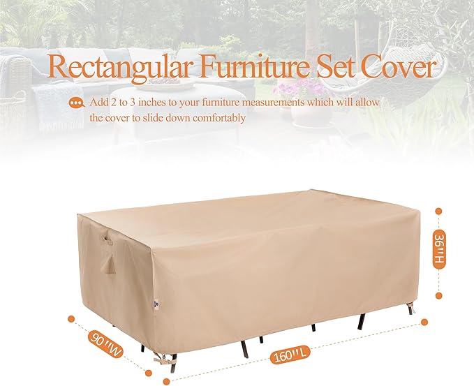WJ-X3 Large Rectangular Outdoor Sectional Furniture Set Cover Waterproof, Dining Table Cover Wind Resistant, 160W x 90D x 36H in, Beige