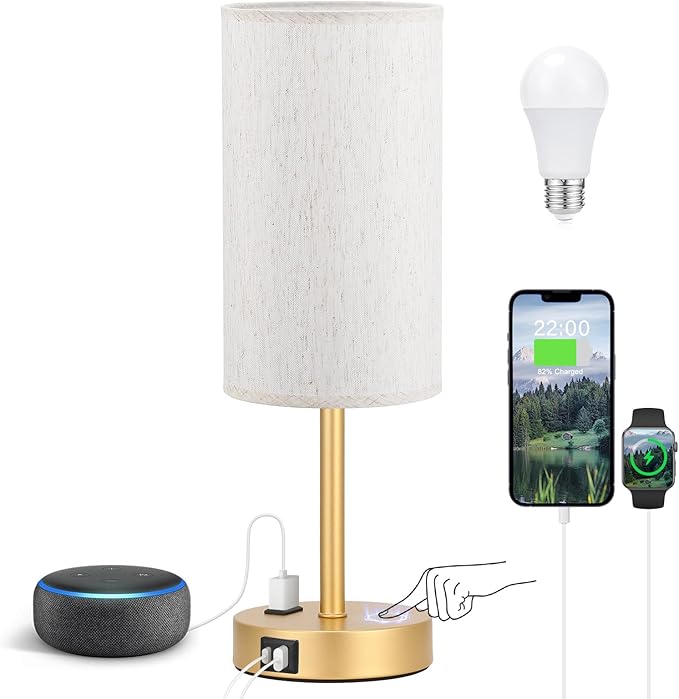 Touch Table Lamp - Cream, 3-Way Dimmable, USB A + C Charging, AC Outlet, 17.4inch Medium, Gold Metal Base