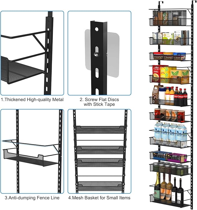 Over the Door Pantry Organizer, 10-Tier Over the Door Organizer with Adjustable Basket, Door Organization for Pantry Kitchen Storage Room Spice Rack, Black