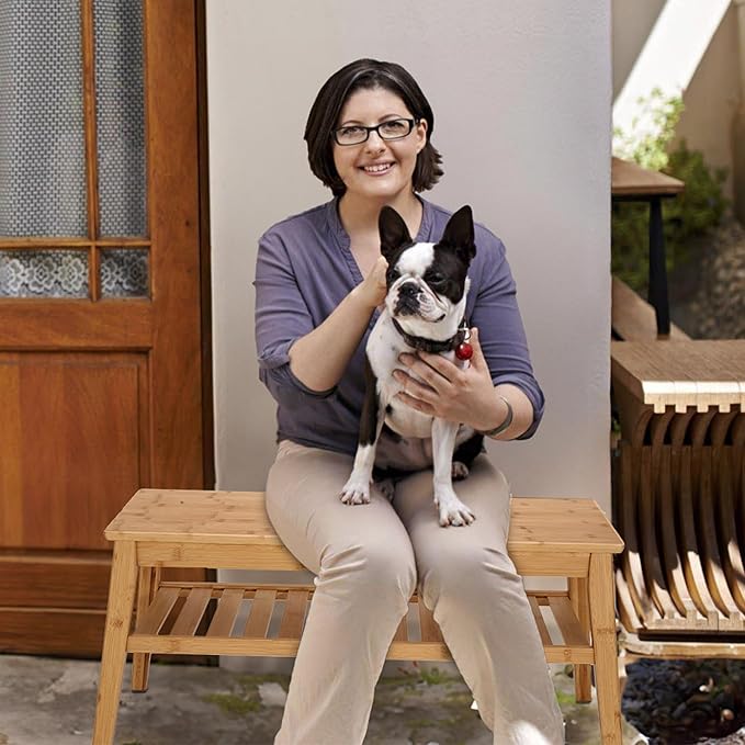 Nnewvante 33.46" Bamboo Entryway Bench, 2 Tier Indoor Storage Bench, Wood Bench for Living Room, Dining Room, Bedroom, Hallway, Holds up to 300lbs