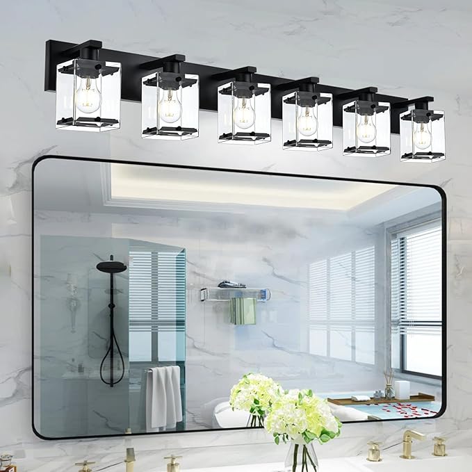 6-Light Bathroom Light Fixture Black Finish, Modern Vanity Lighting with Rectangular Clear Glass for Over Mirror Kitchen E26 Bulb Base