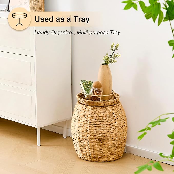 Round Wicker Basket with Lid, Handwoven Hyacinth Storage Basket, Blanket Organizer Basket for Laundry, Bathroom, Bedroom, Living Room, Office