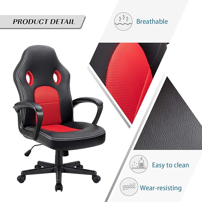 Furmax Red Gaming Chair, Adjustable Swivel Desk Chair with Padded Armrests and Lumbar Support, Leather and Mesh Design