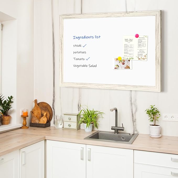 4 THOUGHT Dry Erase Board, 24 x 36 in Magnetic Whiteboard White Vintage Wood Frame Wall-Mounted White Board Decorative Notice Board for School, Office, Home, 6 Magnets 4 Markers 1 Eraser