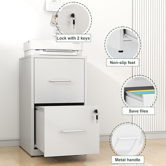 File Cabinet, Vertical File Cabinets with Lock for Home Office,Heavy Duty Office Steel Filing Cabinet for Hanging Letters/Legal/A4, Assembly Required (White, 2 Drawers-Small)