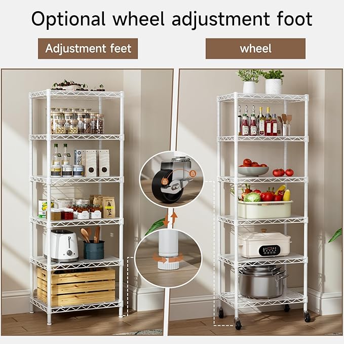 Small 6 Tier Shelf Storage Wire Shelving Unit Metal Shelves Adjustable Organizers Storage Shelving with Wheels for Bathroom Laundry Room Kitchen Pantry12”D x 18”W x 61.6”H White