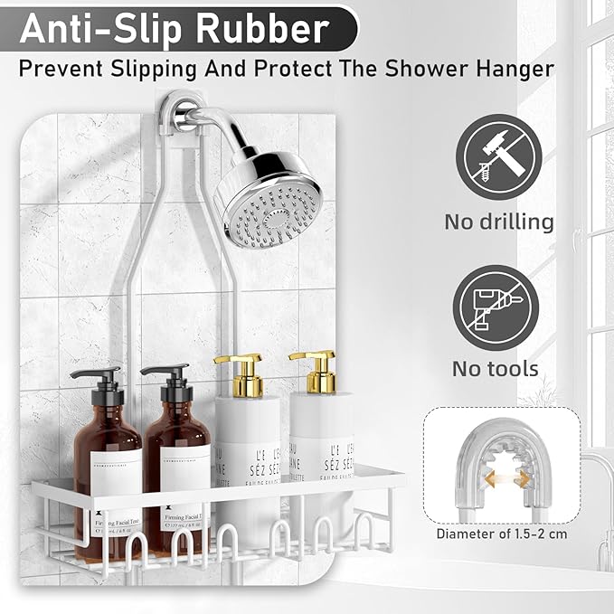 Shower Caddy,Rustproof Shower Shelves Over Shower Head,Extended Length shower rack with Soap HoSlder,White