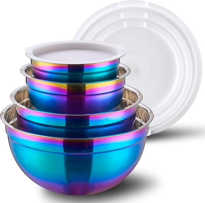 4 Piece Rainbow Mixing Bowls with Lids for Kitchen, Stainless Steel Mixing Bowls Set Ideal for Baking, Prepping, Cooking and Serving Food, Nesting Metal Mixing Bowls for Space Saving Storage