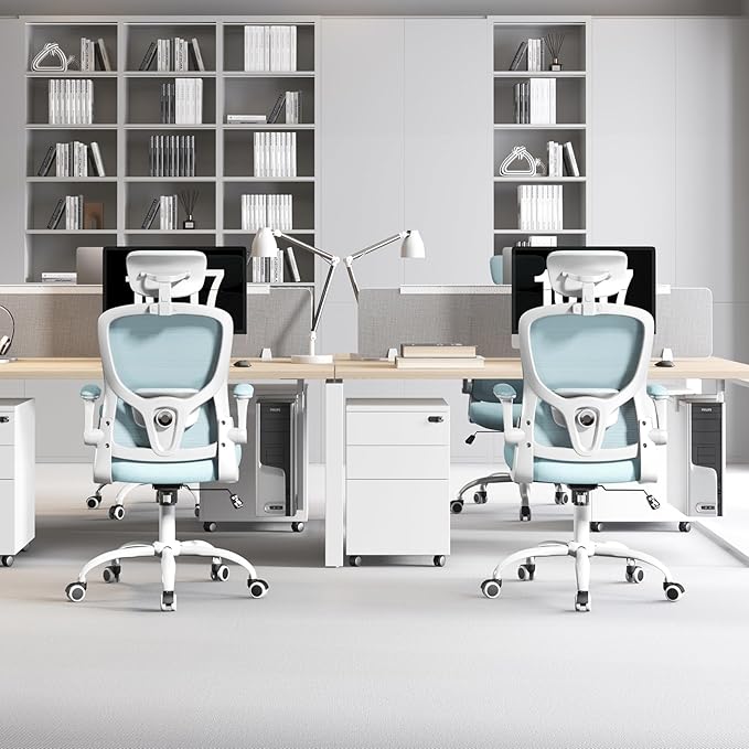 Multi-Adjustable Ergonomic Office Chair, Study Chair, Summer Mesh Comfortable High Back Chair, Headrest, Lumbar Support, Armrest, Seat Height.(White-Blue)