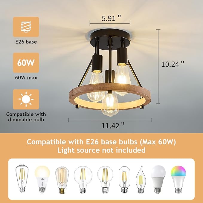 3-Light Wood Semi Flush Mount Ceiling Light Fixture Metal Rustic Ceiling Light Industrial Farmhouse Chandelier for Hallway Entryway Bedroom Kitchen Foyer Passway Balcony