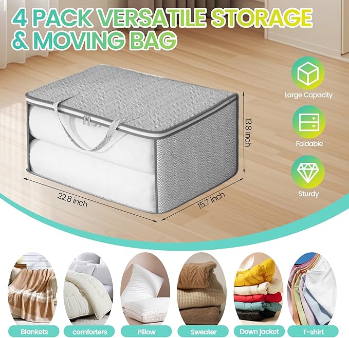 4 Pack Grey Comforter Storage Bags, Clothes Storage Bags, Collapsible Closet Organizers with Reinforced Handles, Heavy-Duty Storage Totes for Clothes & Comforters
