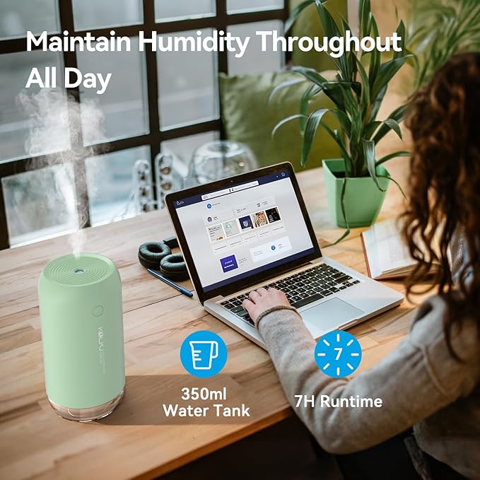 Portable Mini Humidifier, KQLKJ 350ml Small Cool Mist Humidifiers, USB Personal Desktop Humidifier for Bedroom Car Office Travel with Auto Shut-Off & 2 Mist Modes (Green)