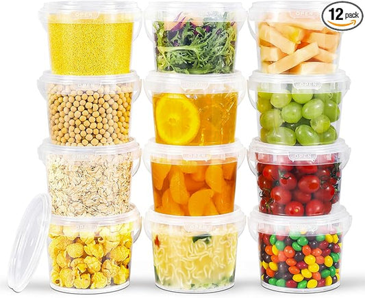 ASEVAT 16 oz Airtight Clear Plastic Bucket with Lid, Reusable Ice Cream Tub with Handle, Food Grade Freezer and Microwave Safe Food Storage Containers for Sauce, Soup (12 pack)