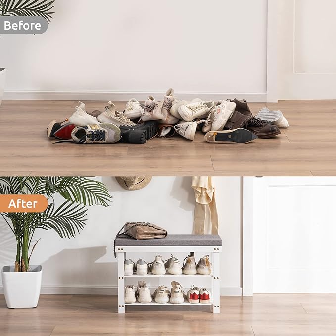 Apicizon 3-Tier Shoe Rack for Entryway, Bamboo Shoe Bench with Cushion Padded Seat, Small Shoe Organizer with Storage for Indoor Entrance Hallway Bedroom Living Room, White