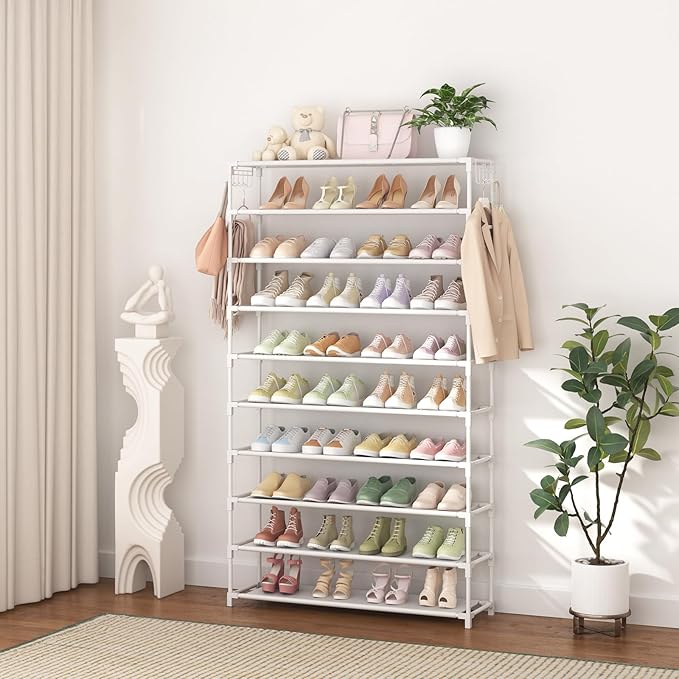 10 Tiers Shoe Rack 50 Pairs Large Capacity Tall Shoe Organizer Sturdy Shoe Storage with Two Hooks Space Saving Metal Wide Shoe Rack for Closet, Entryway, Bedroom, White