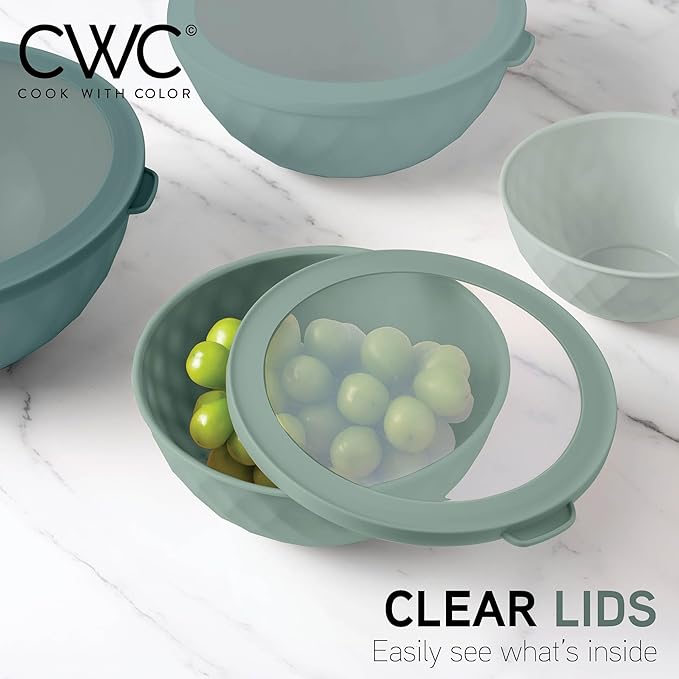 COOK WITH COLOR Mixing Bowls with Lids - 12 Piece Plastic Nesting Bowls Set includes 6 Prep Bowls and 6 Lids, Diamond Design - Microwave Safe (Mint)