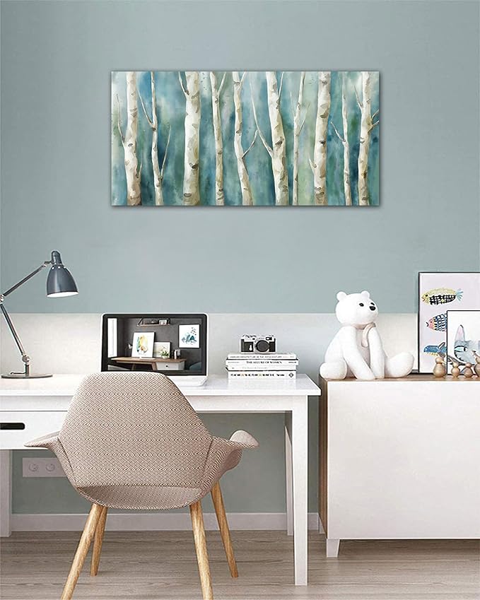 yearainn Birch Trees Canvas Wall Art - Abstract Birch Pictures for Wall Decor Modern Turquoise Canvas Painting Nature Printing Artwork for Living Room Bedroom Home Office Wall Decoration 20" x 40"
