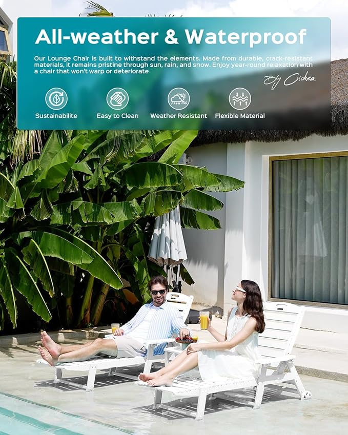 Outdoor Chaise Lounge Chair Set of 2, Patio Lounge Chairs for Outside, HDPE Lounge Chairs with Wheels & Cup Holder, Poly Lounge Chair with 5 Position for Poolside, Deck, White