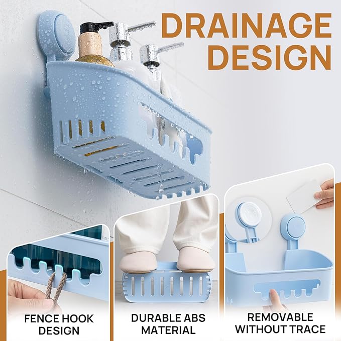 LEVERLOC Shower Caddy Suction Cup, Shower Organizer Removable Bathroom Shelf, Storage Suction Powerful Max Hold 22lbs Bathroom Caddy Waterproof Holder, Blue