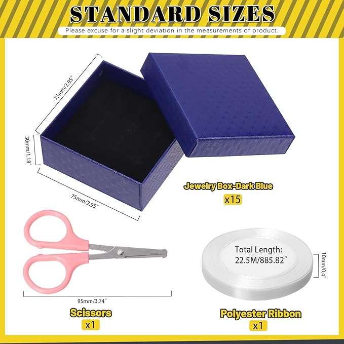 Glarks 17pcs Dark Blue 2.95 x 2.95in Jewelry Gift Boxes with Pink Scissors and White Polyester Ribbon Set, Diamond Pattern Necklace Earring Bracelet Boxes Gift Case Ideal