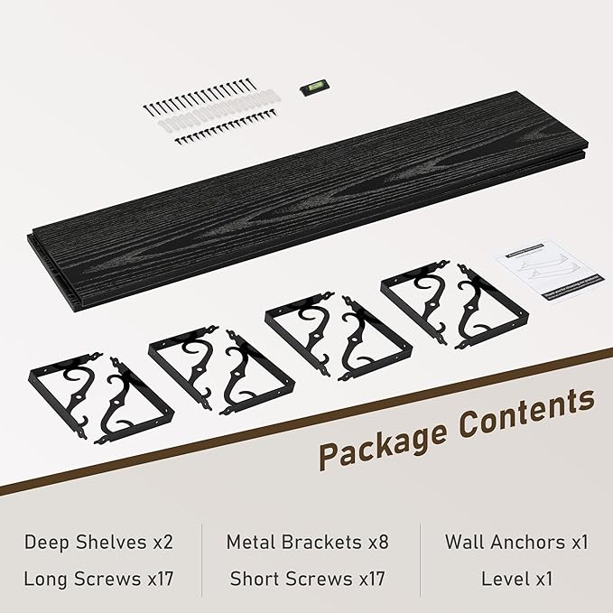 Deep Floating Shelves, 55" W x 12" D Wall Shelves Set of 2, Wide Display Shelf Wall Mounted with Brackets, Bookshelf for Living Room, Bathroom, Bedroom, Black