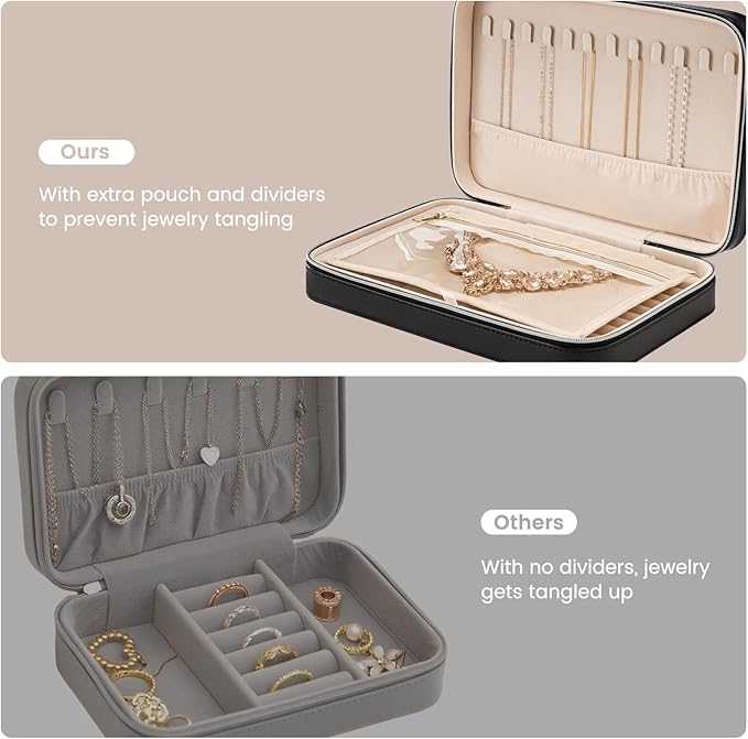 Lolalet Travel Jewelry Case for Women, Travel Jewelry Organizer Box with Mirror & Clear Storage Bag, Small Portable Traveling Earring Necklace Bracelet Ring Case, Bridesmaid Gifts -Large, Black