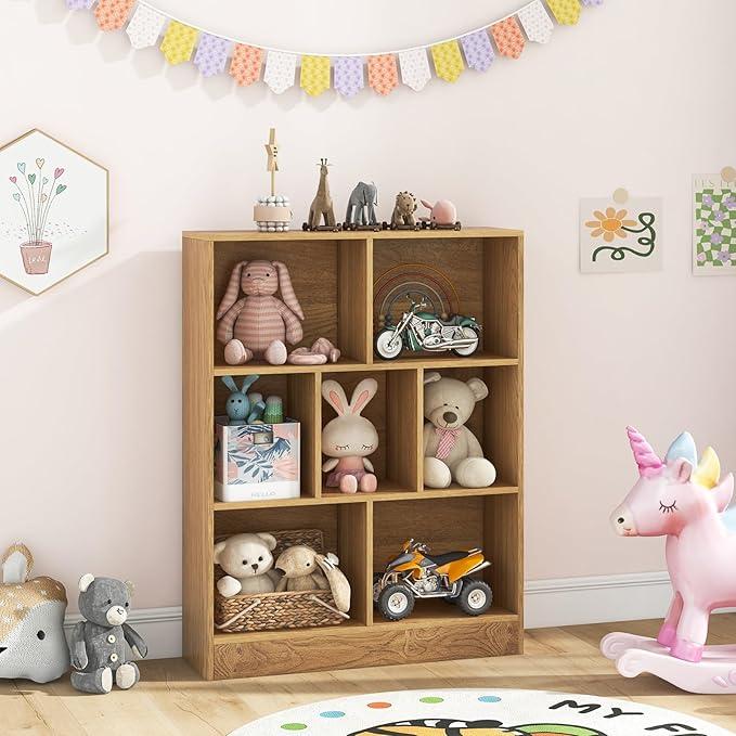 Costzon Wooden Toy Storage Organizer, 7-Cube Kids Bookshelf w/ 2 Anti-Toppling Kits, 3 Tier Open Shelves & Non-Slip Foot Pads, Book Shelf for Kids Rooms, Playroom, Classroom, Nursery (Natural)