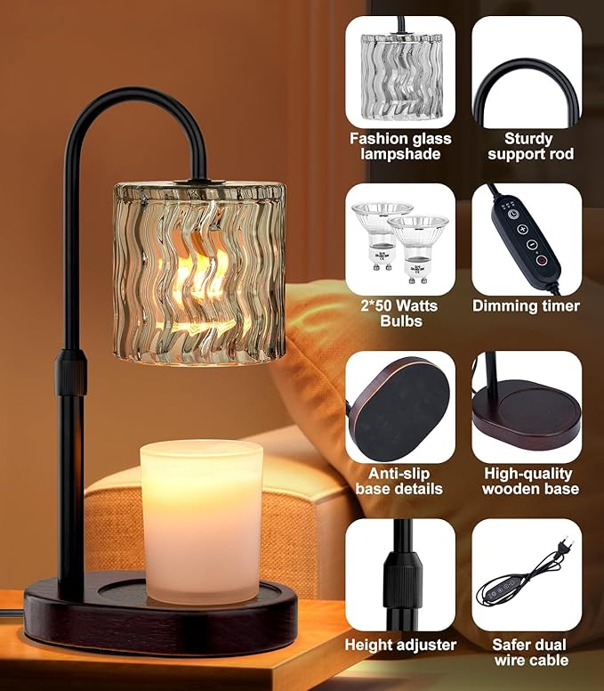 Candle Warmer Lamp Electric Timer: Dimmable Candles Warming Lamps - Height Adjustable Burner Jar - No Flame Scented Melts Wax - All Candle Jars Home Decor Table Light