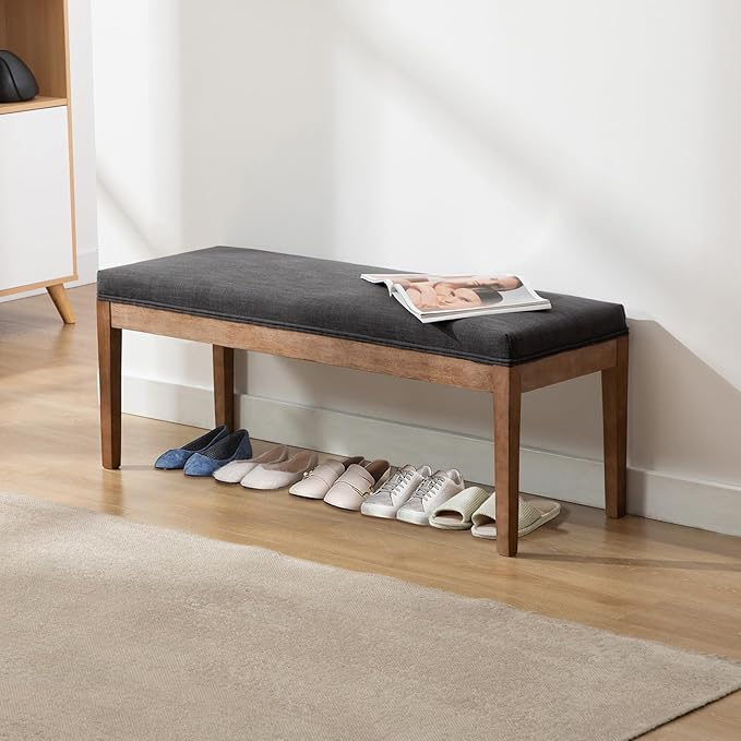 Linen Dining Bench Upholstered Entryway Bench Farmhouse Shoe Bench Seat Ottoman for Hallway Living Room Bedroom End of Bed Dining Room Kitchen, 45.5" Long, Charcoal
