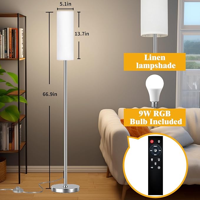 Smart LED Floor Lamp with APP Control & RGB Colors - Dimmable Standing Lamp for Living Room, Bedroom, Gaming - Remote, Timer, 9W Bulb Included, 67" Modern Tall Lamp (Silvery)