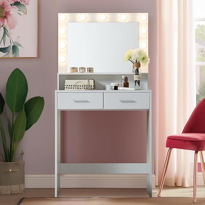 MIRROTOWEL Vanity Desk with Mirror and Lights, Dressing Table with Large Drawer, 2 Level Storage Dresser & 3 Lighting Modes Adjustable Brightness, Suitable for Bedroom