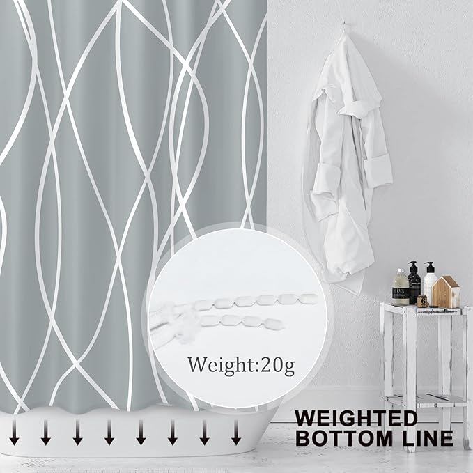 Punkray Light Grey Shower Curtain for Bathroom with Hooks, Shower Curtain Set Stripe Bath Curtains Decorative White Shower Curtains Weighted Hem Water Repellent Washable, 72 x 72