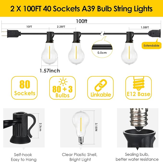 200FT(2x100FT) Outdoor String Lights, LED Patio Lights with 83 Waterproof Shatterproof A39 Dimmable Bulbs(3 Spare) for Balcony-2 Pack Black