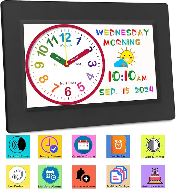 MASSII 2025 Digital Teaching Clock Talking Time, 24 Alarms Custom Reminders, Checklist to-Do List, Auto DST & Calendar Display, Sleep Trainer, Easy to Use for Kids Birthday Gift- Black with Remote