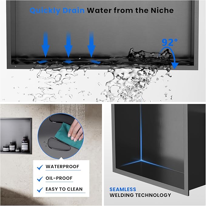 POPFLY No Tile Shower Niche, Stainless Steel Shower Niche 24"X12", Single Shelf No Tile Needed Recessed Bathroom Wall Niches, Dark Grey