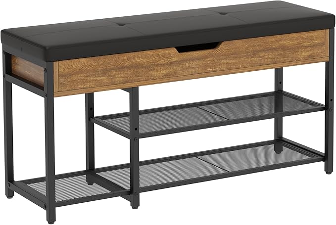 Shoe Rack Bench with Upholstered Cushion, Shoe Storage Bench with Adjustable Shelf and Hidden Storage Compartment for Hallway Entryway Living Room Rustic Brown (2-Tier)