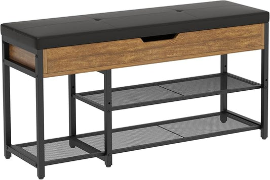 Shoe Rack Bench with Upholstered Cushion, Shoe Storage Bench with Adjustable Shelf and Hidden Storage Compartment for Hallway Entryway Living Room Rustic Brown (2-Tier)