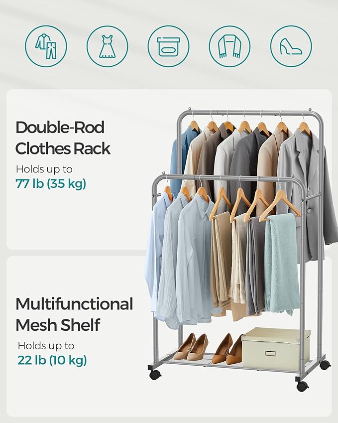 SONGMICS Double Rods Clothes Rack with Wheels, Clothing Rack for Hanging Clothes, Heavy Duty Garment Rack with Mesh Storage Shelf, 2 Brakes, Each Top Rail Holds up to 77 lb, Gery UHSR026G01